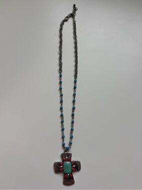 Turquoise & Coral Cross Pendant Necklace - Women Jewelry